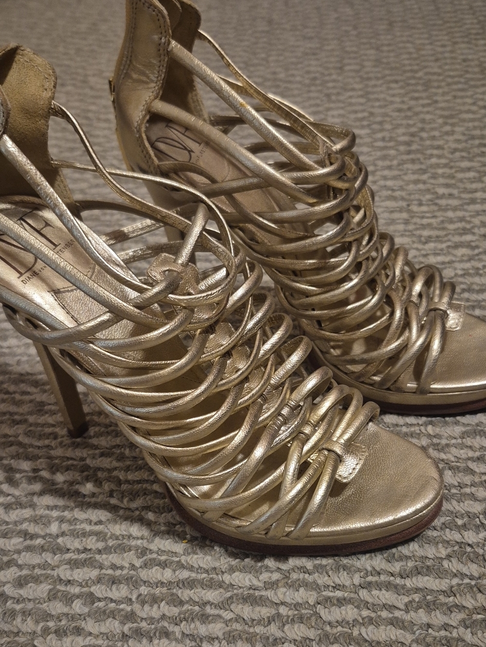 Diane Von Furstenberg Metallic Gold Strappy High Heel Sandals